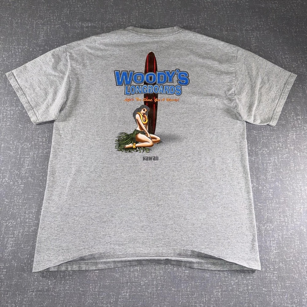 Woodys Longboards Hawaii Shirt Mens Large Gray Hula Girl Surf Graphic Tee Hanes